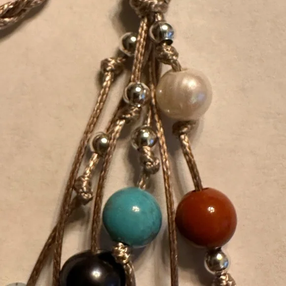 ARTISAN Gemstones and Pearls Braided Tan Cord Tassel Necklace 23 1/2” long - Picture 6 of 14